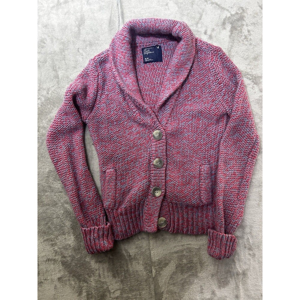 American Eagle Collar Wool Rabbit Hair Blend Cardigan Sweater Pockets M Y2k